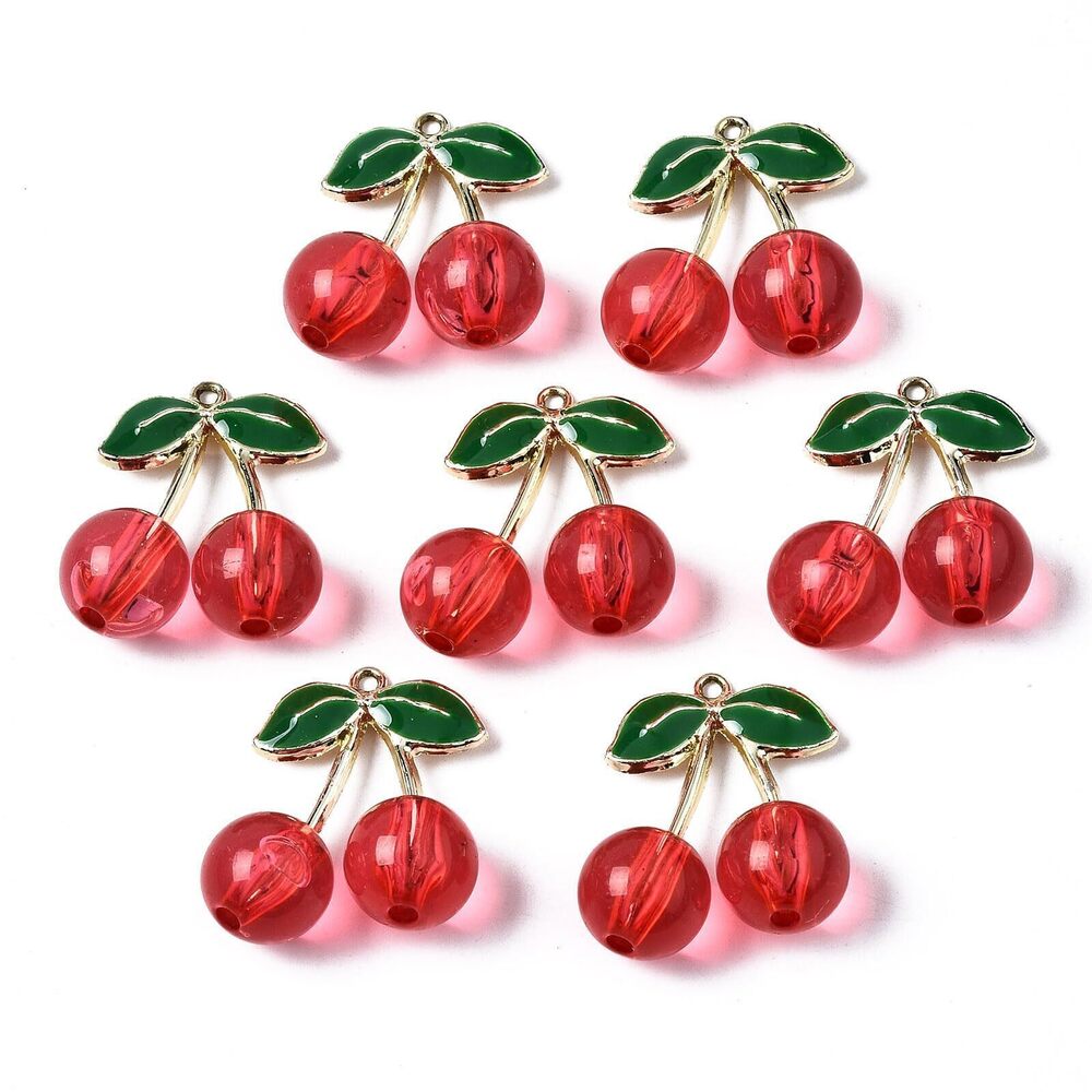 3297 10 pcs Transparent Red Cherry Acrylic Charms Imitation Fruit with Leaf